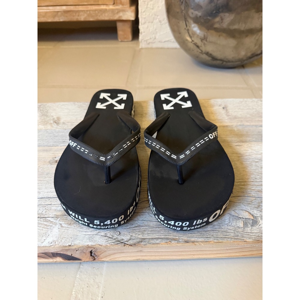 Off-White Industrial Logo Flip Flops Black White Platform Sandals Streetwear